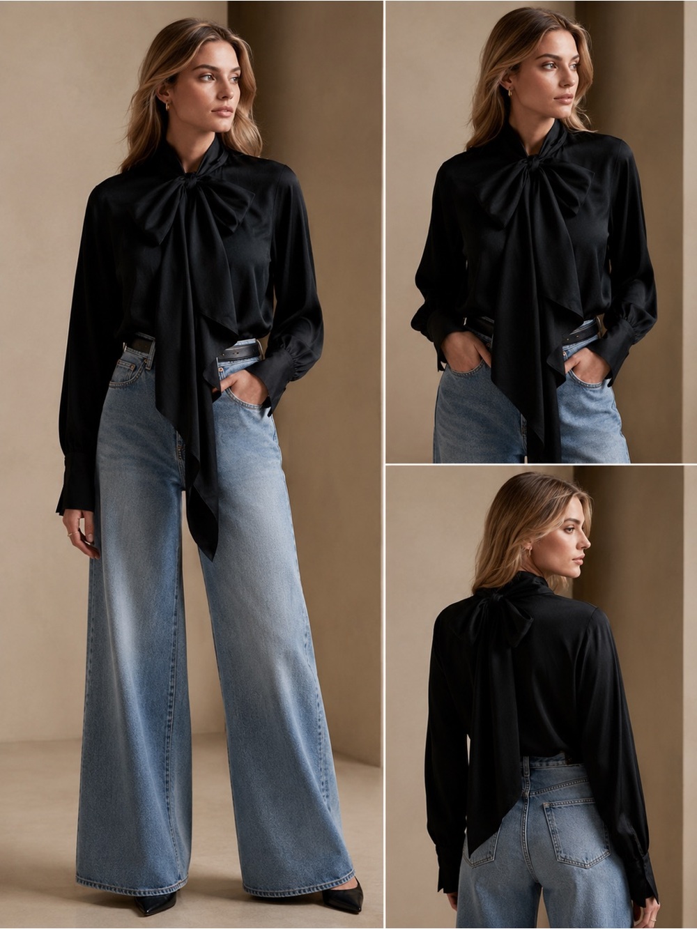BNWT Banana Republic Black Scarf Tie Neck Blouse Large Sold Out Office Chic